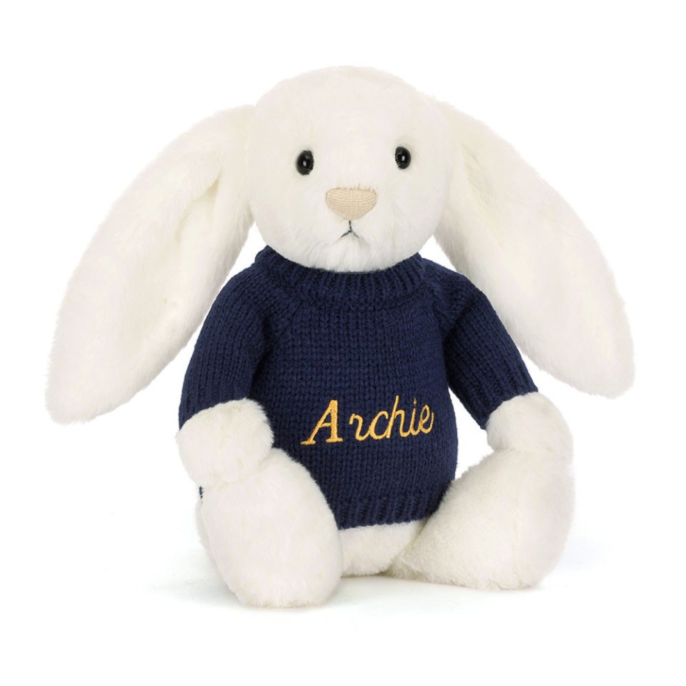 Bashful Luxe Bunny Luna with Personalised Navy Jumper